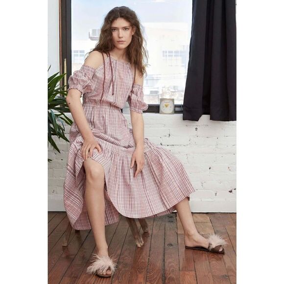 La Vie REBECCA TAYLOR Pink plaid  Midi Dress XS Cottagecore Prairie - Picture 4 of 11